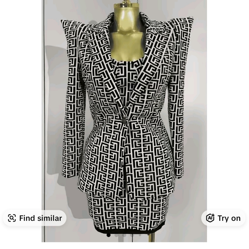 Black and White Geometric Patterned Jacket And Matching Midi Dress